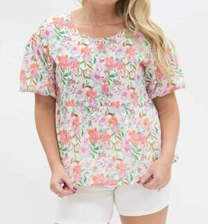 NEW GRACE + EMMA emma floral puff sleeve top in watercolor flowers